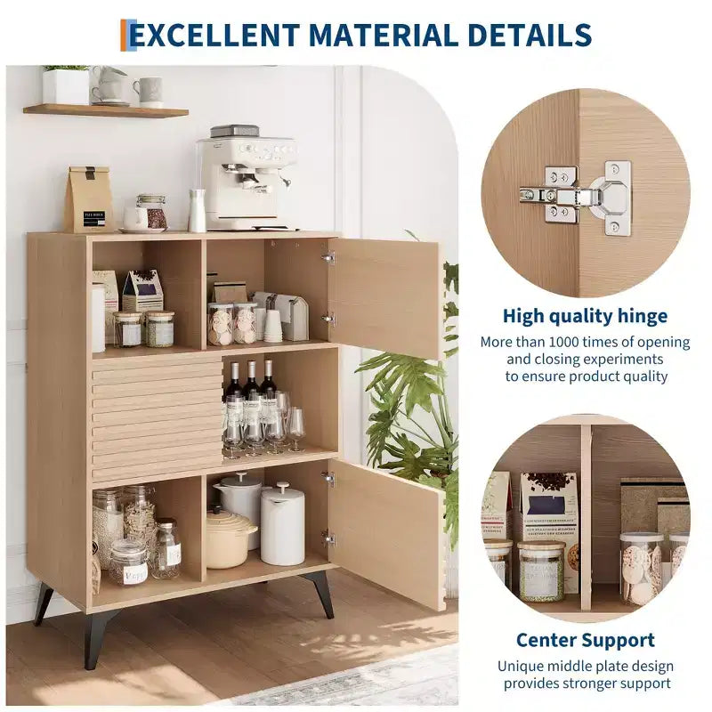 Mid-Century Modern Cabinet with Doors, 3-Tier Wooden Storage Cabinet for Living Room and Dining Room