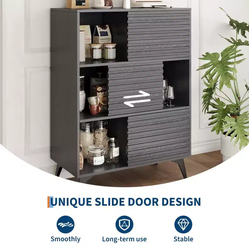 Mid-Century Modern Cabinet with Doors, 3-Tier Wooden Storage Cabinet for Living Room and Dining Room