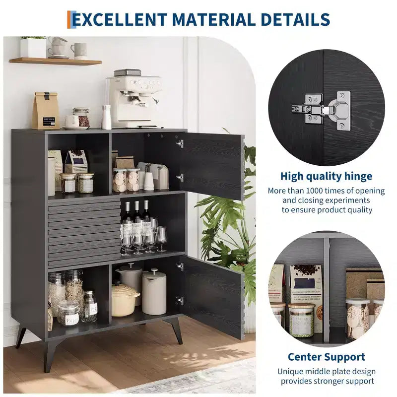 Mid-Century Modern Cabinet with Doors, 3-Tier Wooden Storage Cabinet for Living Room and Dining Room