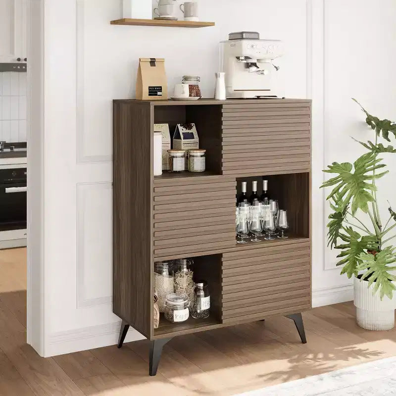 Mid-Century Modern Cabinet with Doors, 3-Tier Wooden Storage Cabinet for Living Room and Dining Room