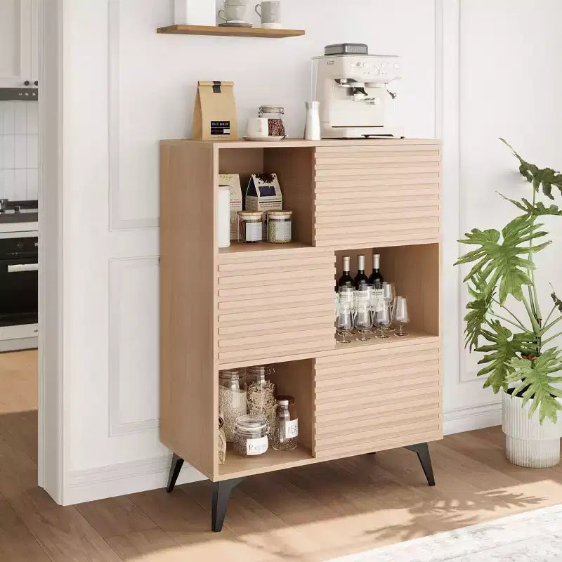 Mid-Century Modern Cabinet with Doors, 3-Tier Wooden Storage Cabinet for Living Room and Dining Room