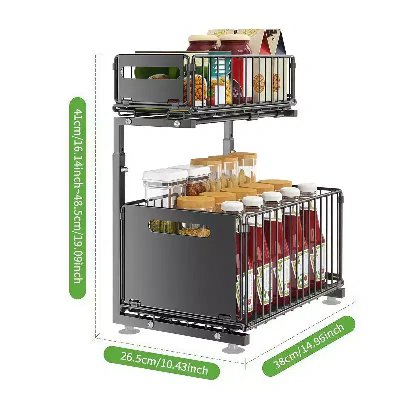 GustoWave 2 Tier Metal Slide Out Kitchen Storage Rack Shelf, Height Adjustable Under Sink Organiser with Sliding Mesh Drawers, Black