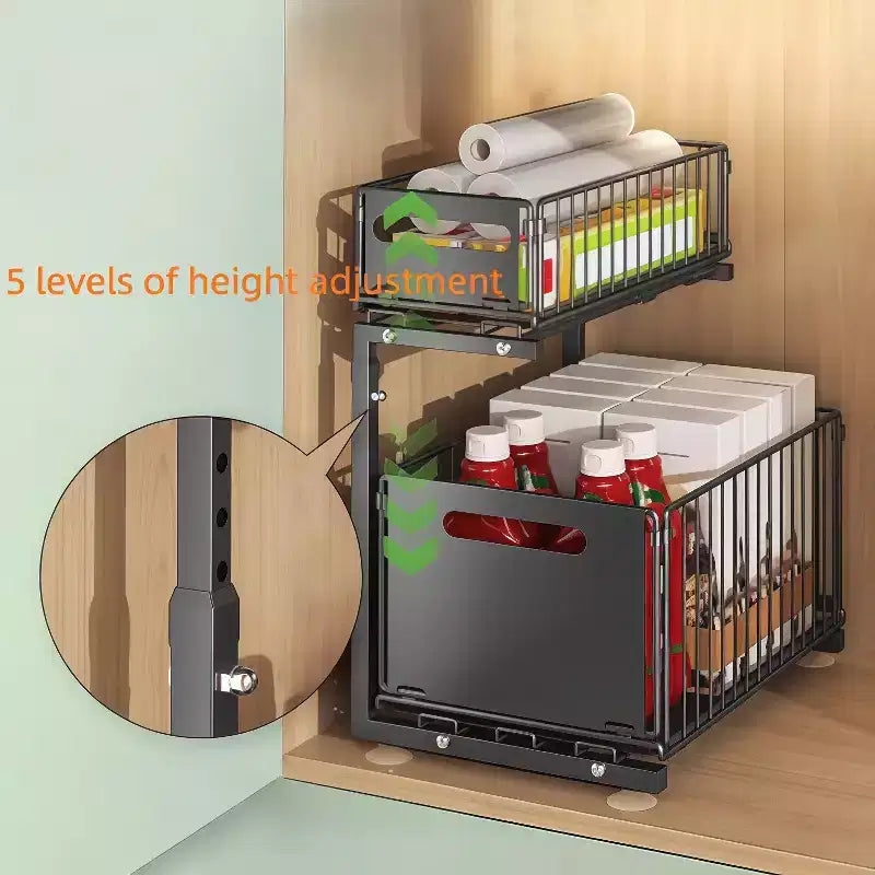 GustoWave 2 Tier Metal Slide Out Kitchen Storage Rack Shelf, Height Adjustable Under Sink Organiser with Sliding Mesh Drawers, Black