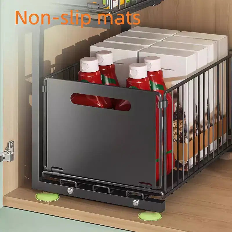 GustoWave 2 Tier Metal Slide Out Kitchen Storage Rack Shelf, Height Adjustable Under Sink Organiser with Sliding Mesh Drawers, Black