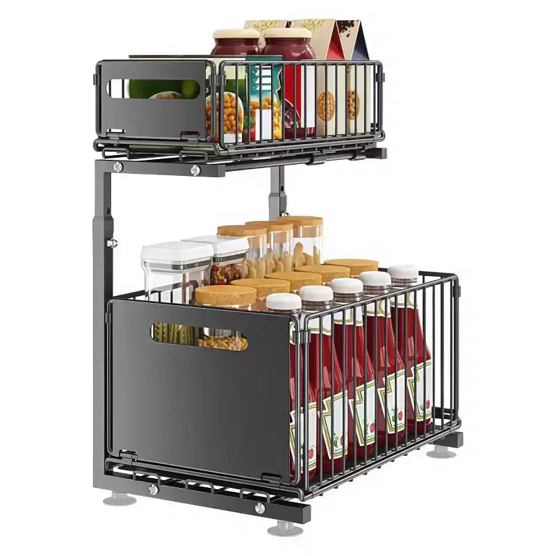 GustoWave 2 Tier Metal Slide Out Kitchen Storage Rack Shelf, Height Adjustable Under Sink Organiser with Sliding Mesh Drawers, Black