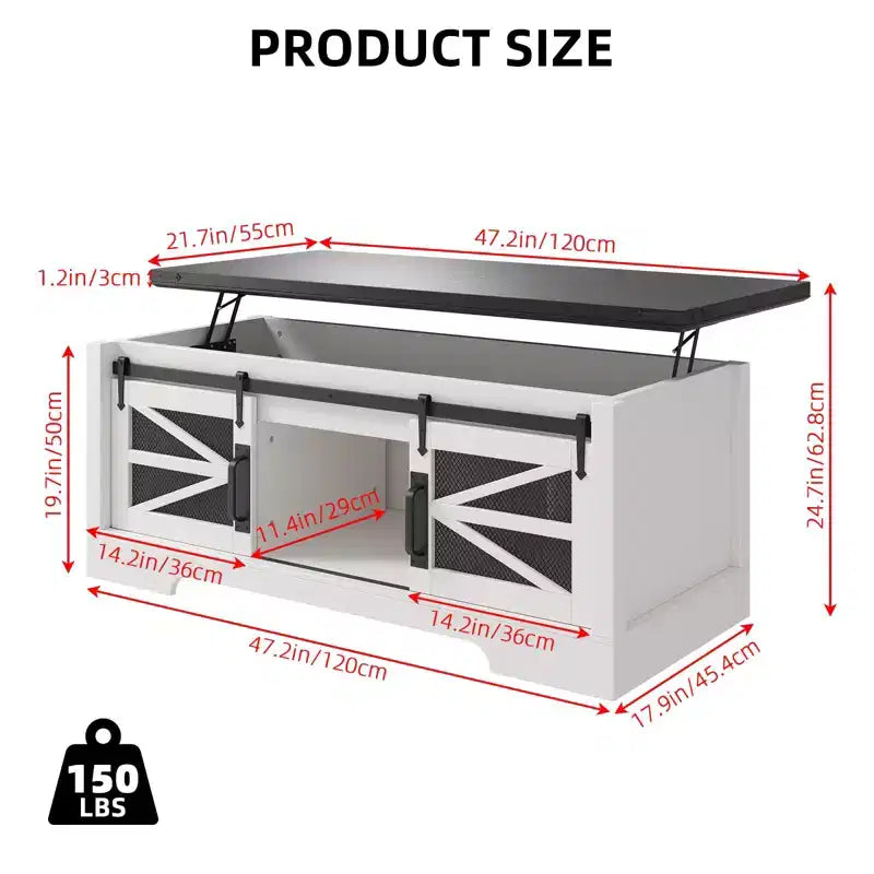 Coffee Table Lift Top with Storage, 47.2 Farmhouse Style with Sliding Barn Door & Hidden Compartment, 150LBS Capacity for Living Room Office