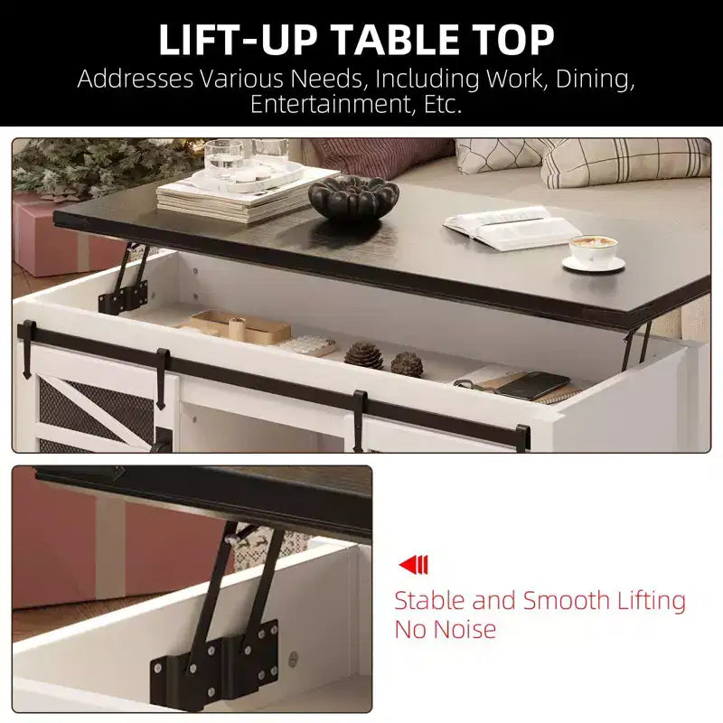 Coffee Table Lift Top with Storage, 47.2 Farmhouse Style with Sliding Barn Door & Hidden Compartment, 150LBS Capacity for Living Room Office
