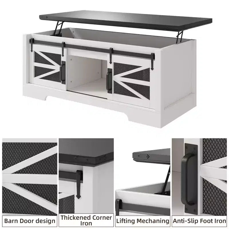 Coffee Table Lift Top with Storage, 47.2 Farmhouse Style with Sliding Barn Door & Hidden Compartment, 150LBS Capacity for Living Room Office