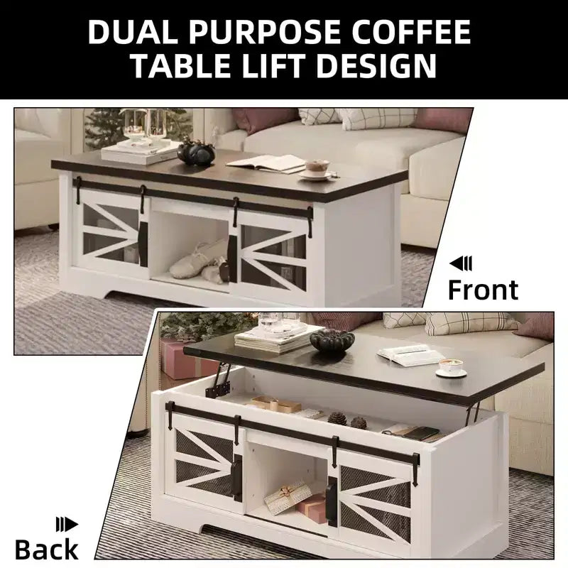 Coffee Table Lift Top with Storage, 47.2 Farmhouse Style with Sliding Barn Door & Hidden Compartment, 150LBS Capacity for Living Room Office