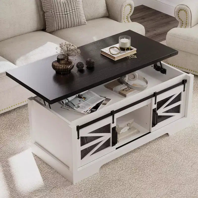 Coffee Table Lift Top with Storage, 47.2 Farmhouse Style with Sliding Barn Door & Hidden Compartment, 150LBS Capacity for Living Room Office
