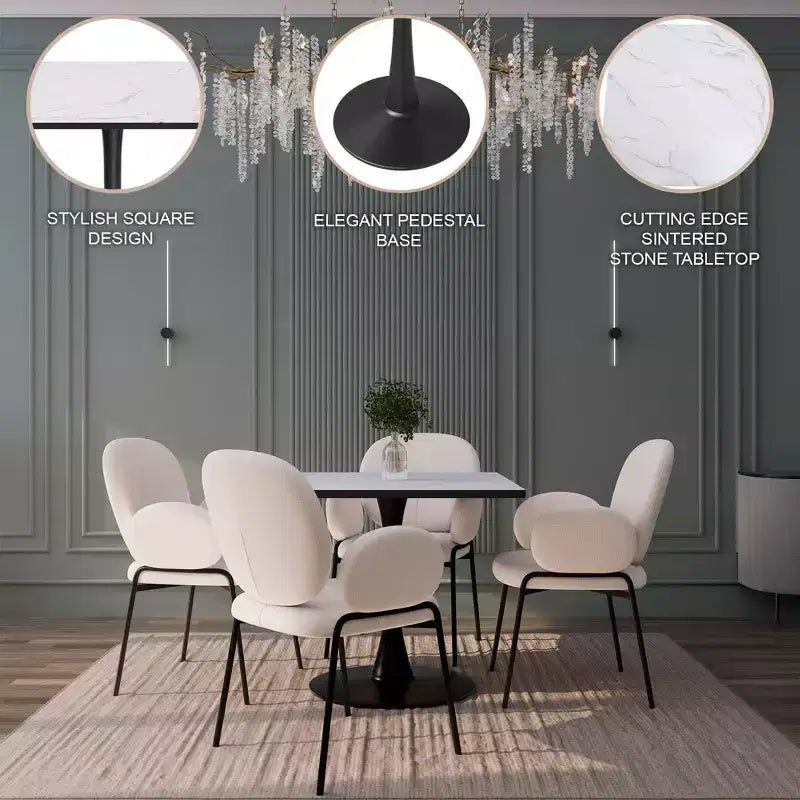 LeisureMod Bristol Square Dining Table with MDF Top and Black Steel Pedestal Base for Modern Kitchen and Dining Room
