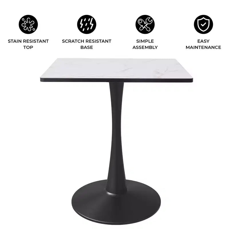 LeisureMod Bristol Square Dining Table with MDF Top and Black Steel Pedestal Base for Modern Kitchen and Dining Room