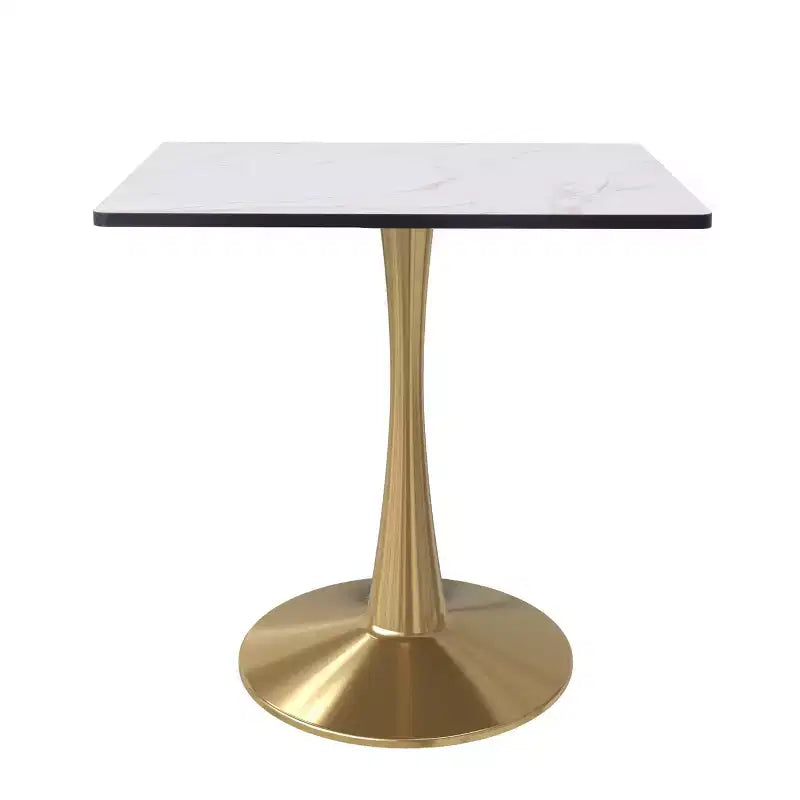 LeisureMod Bristol Square Dining Table Marbled White MDF Top with Gold Steel Pedestal Base, Modern Kitchen, Dining Room, Cafe, Small Apartment Space