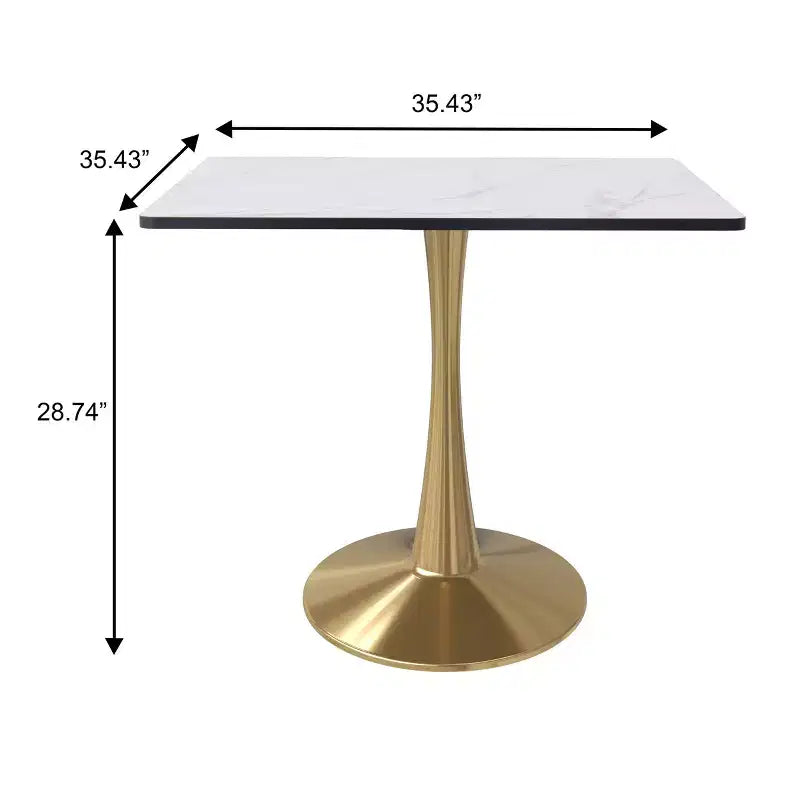 LeisureMod Bristol Square Dining Table Marbled White MDF Top with Gold Steel Pedestal Base, Modern Kitchen, Dining Room, Cafe, Small Apartment Space