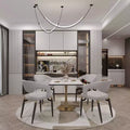 LeisureMod Bristol Square Dining Table Marbled White MDF Top with Gold Steel Pedestal Base, Modern Kitchen, Dining Room, Cafe, Small Apartment Space