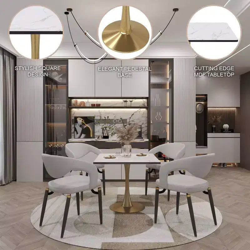 LeisureMod Bristol Square Dining Table Marbled White MDF Top with Gold Steel Pedestal Base, Modern Kitchen, Dining Room, Cafe, Small Apartment Space