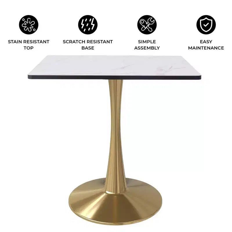 LeisureMod Bristol Square Dining Table Marbled White MDF Top with Gold Steel Pedestal Base, Modern Kitchen, Dining Room, Cafe, Small Apartment Space