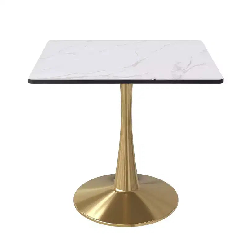 LeisureMod Bristol Square Dining Table Marbled White MDF Top with Gold Steel Pedestal Base, Modern Kitchen, Dining Room, Cafe, Small Apartment Space