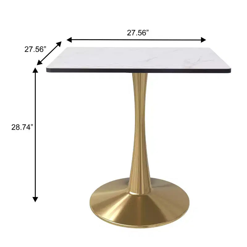 LeisureMod Bristol Square Dining Table Marbled White MDF Top with Gold Steel Pedestal Base, Modern Kitchen, Dining Room, Cafe, Small Apartment Space