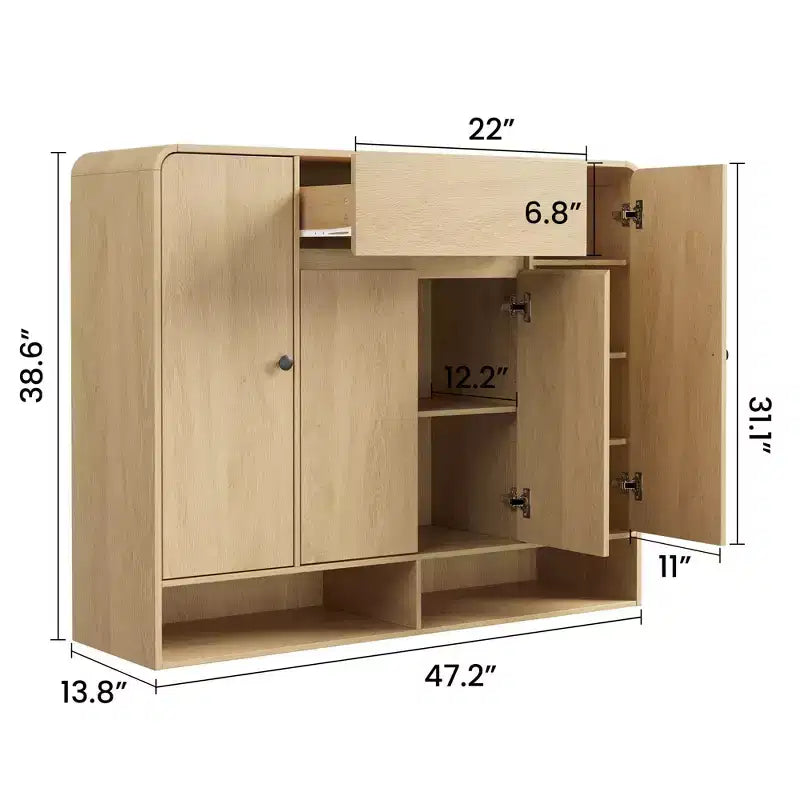 Shoe Cabinet 47.2 Inch with Adjustable Shelves 4 Doors Bottom Shelf Freestanding Narrow Organizer Rounded Corner for Hallway Living Room