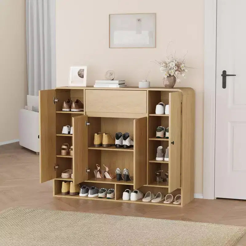 Shoe Cabinet 47.2 Inch with Adjustable Shelves 4 Doors Bottom Shelf Freestanding Narrow Organizer Rounded Corner for Hallway Living Room