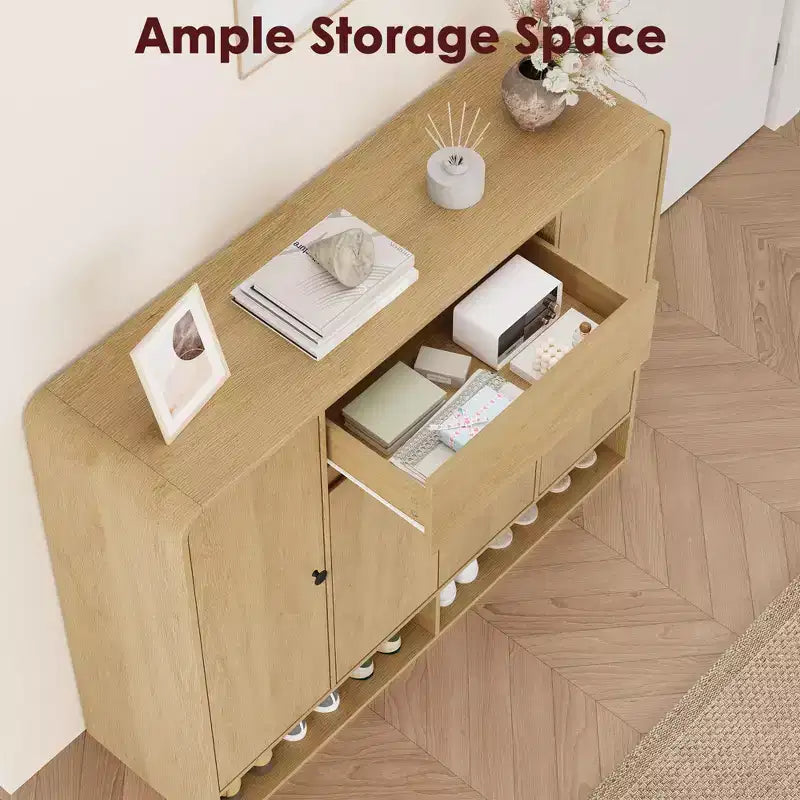 Shoe Cabinet 47.2 Inch with Adjustable Shelves 4 Doors Bottom Shelf Freestanding Narrow Organizer Rounded Corner for Hallway Living Room