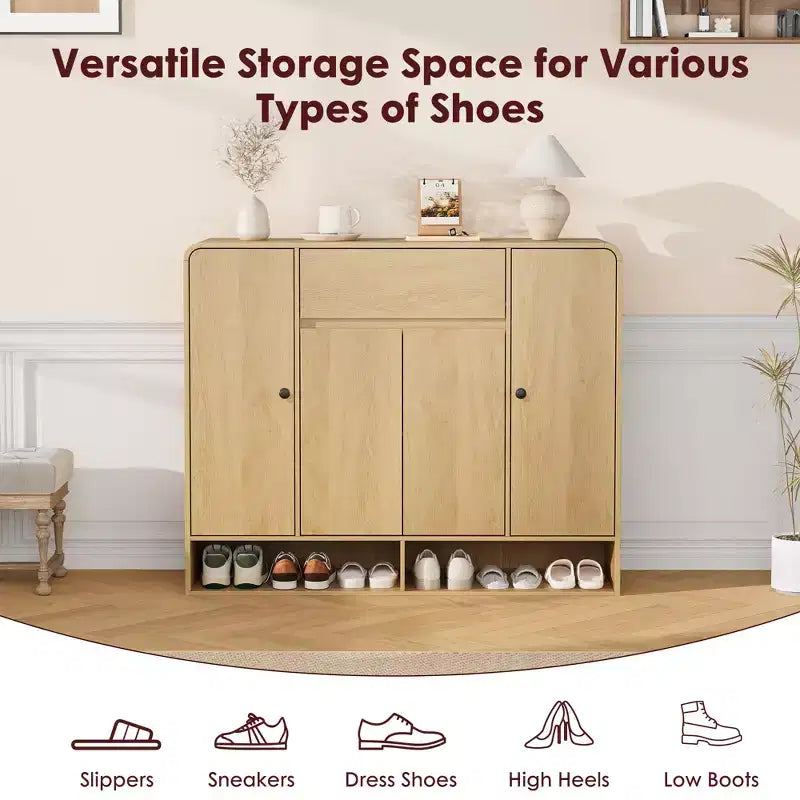 Shoe Cabinet 47.2 Inch with Adjustable Shelves 4 Doors Bottom Shelf Freestanding Narrow Organizer Rounded Corner for Hallway Living Room