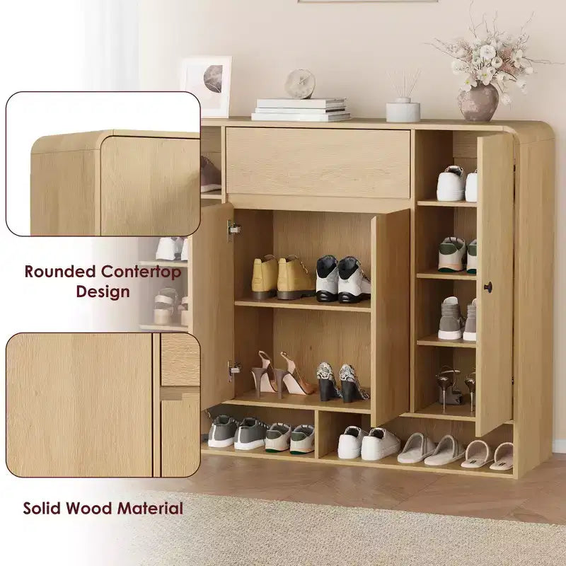 Shoe Cabinet 47.2 Inch with Adjustable Shelves 4 Doors Bottom Shelf Freestanding Narrow Organizer Rounded Corner for Hallway Living Room