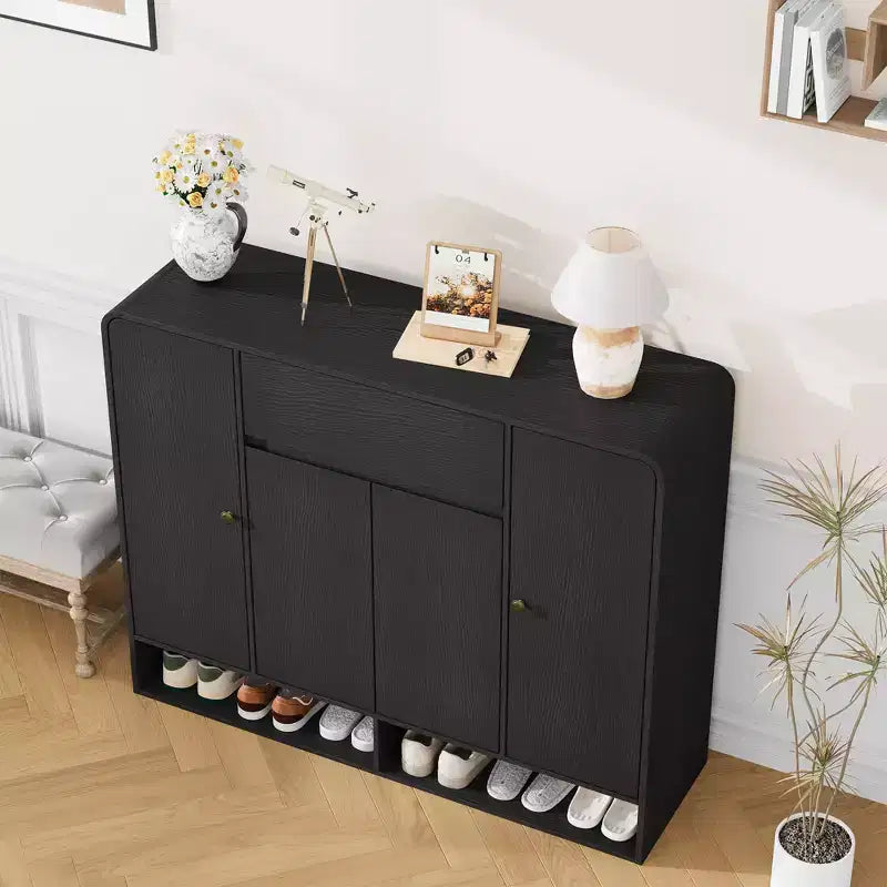 Shoe Cabinet 47.2 Inch with Adjustable Shelves 4 Doors Bottom Shelf Freestanding Narrow Organizer Rounded Corner for Hallway Living Room