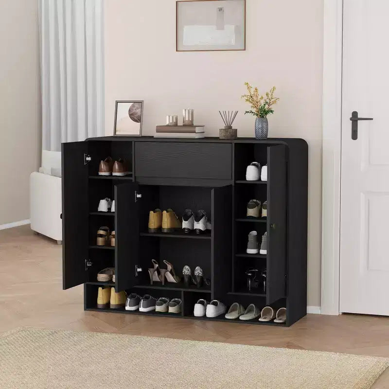 Shoe Cabinet 47.2 Inch with Adjustable Shelves 4 Doors Bottom Shelf Freestanding Narrow Organizer Rounded Corner for Hallway Living Room