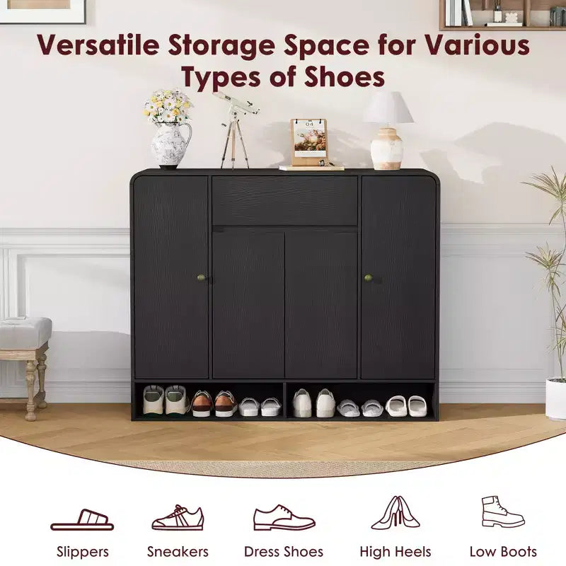 Shoe Cabinet 47.2 Inch with Adjustable Shelves 4 Doors Bottom Shelf Freestanding Narrow Organizer Rounded Corner for Hallway Living Room