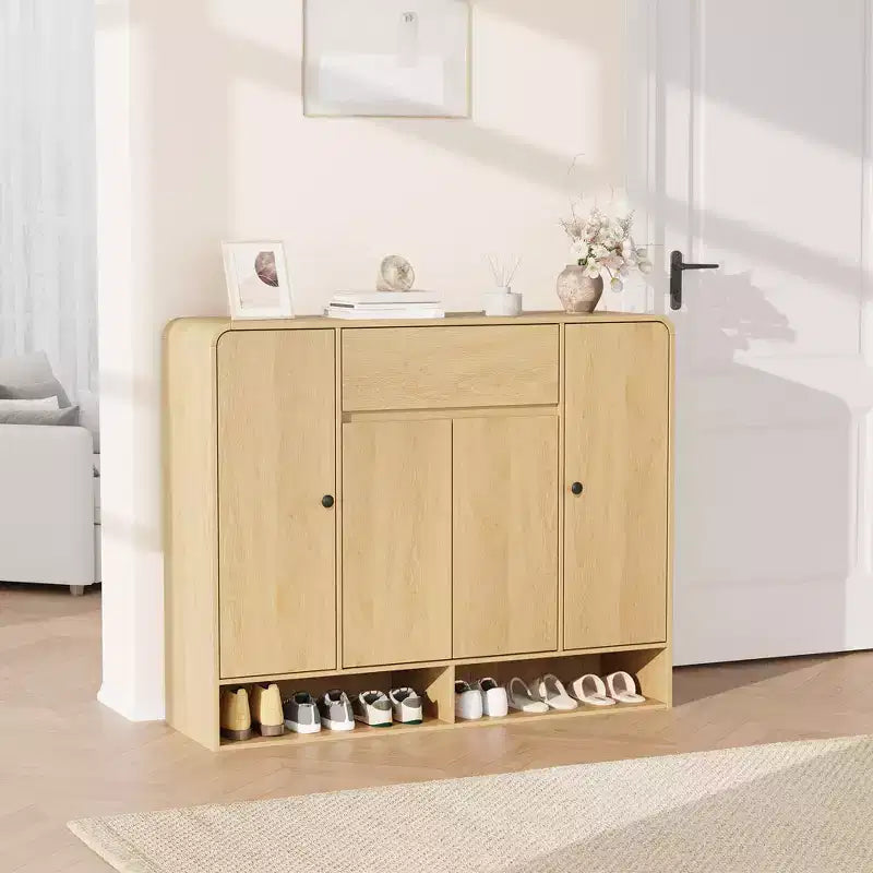 Shoe Cabinet 47.2 Inch with Adjustable Shelves 4 Doors Bottom Shelf Freestanding Narrow Organizer Rounded Corner for Hallway Living Room