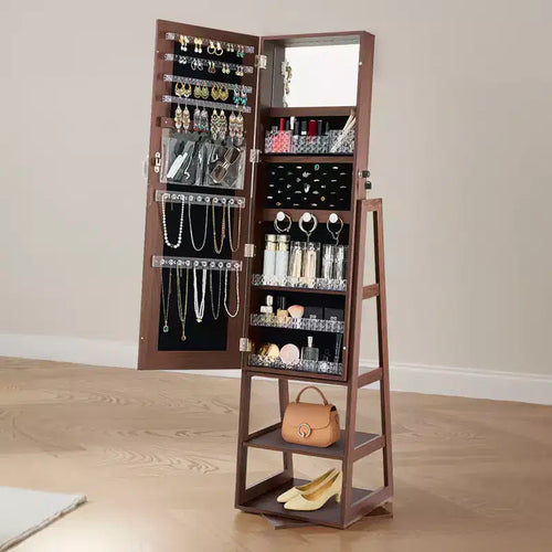 VEVOR 360 Swivel Jewelry Cabinet, 61-inch Tall, Full-Length Mirror with Storage, Standing Rotatable Jewelry Armoire Organizer, with 2 Keys, Brown