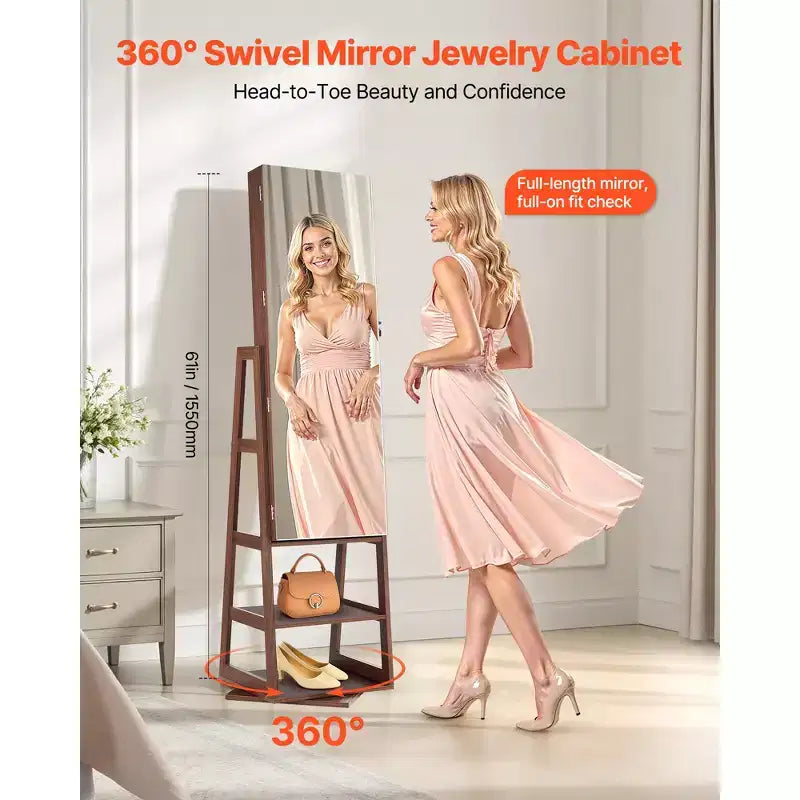 VEVOR 360 Swivel Jewelry Cabinet, 61-inch Tall, Full-Length Mirror with Storage, Standing Rotatable Jewelry Armoire Organizer, with 2 Keys, Brown