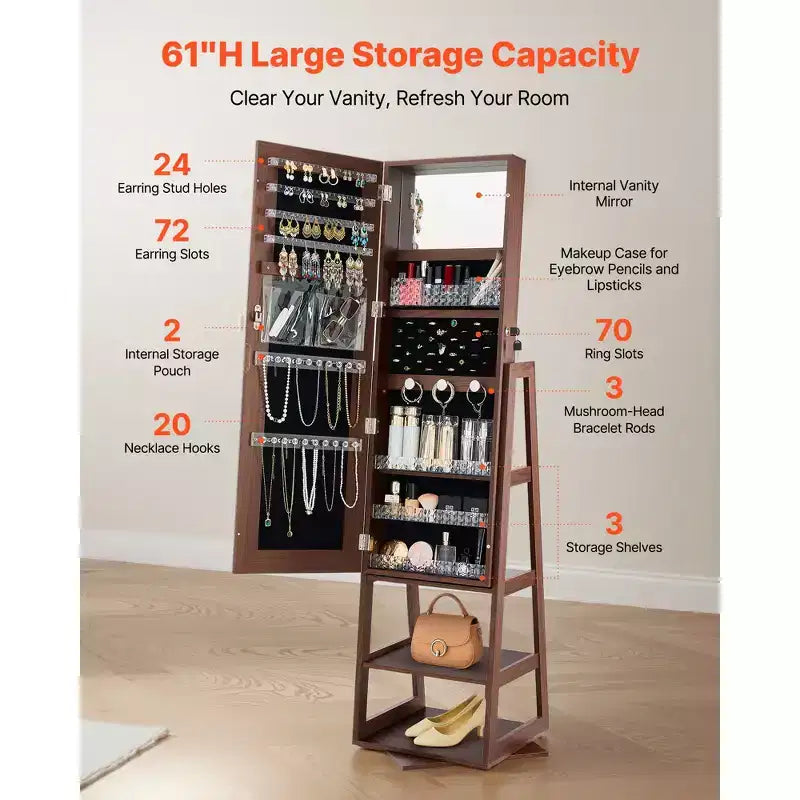 VEVOR 360 Swivel Jewelry Cabinet, 61-inch Tall, Full-Length Mirror with Storage, Standing Rotatable Jewelry Armoire Organizer, with 2 Keys, Brown