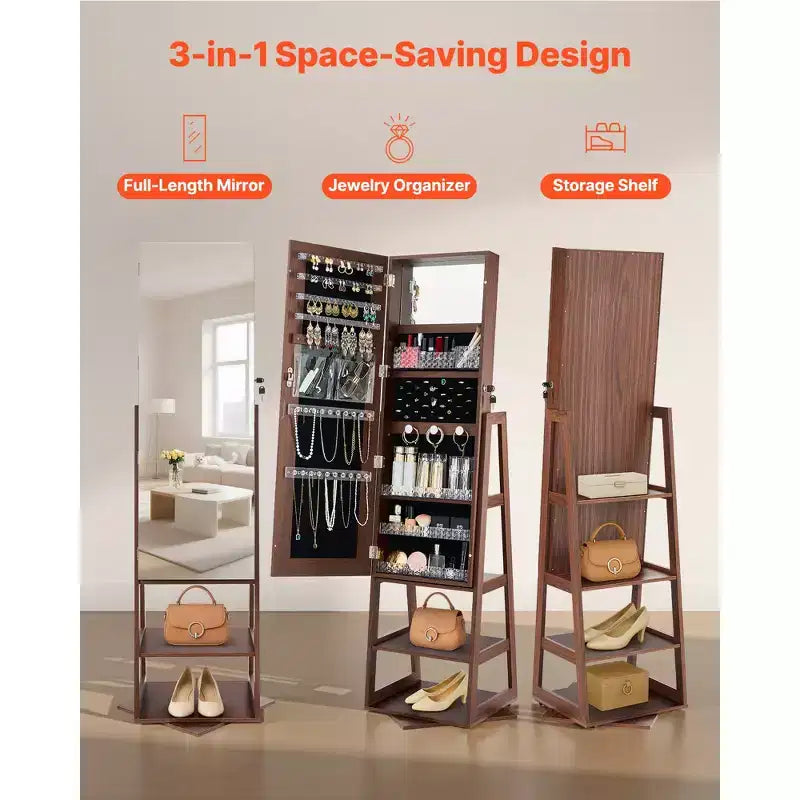 VEVOR 360 Swivel Jewelry Cabinet, 61-inch Tall, Full-Length Mirror with Storage, Standing Rotatable Jewelry Armoire Organizer, with 2 Keys, Brown