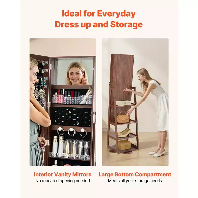 VEVOR 360 Swivel Jewelry Cabinet, 61-inch Tall, Full-Length Mirror with Storage, Standing Rotatable Jewelry Armoire Organizer, with 2 Keys, Brown