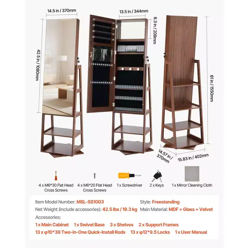 VEVOR 360 Swivel Jewelry Cabinet, 61-inch Tall, Full-Length Mirror with Storage, Standing Rotatable Jewelry Armoire Organizer, with 2 Keys, Brown