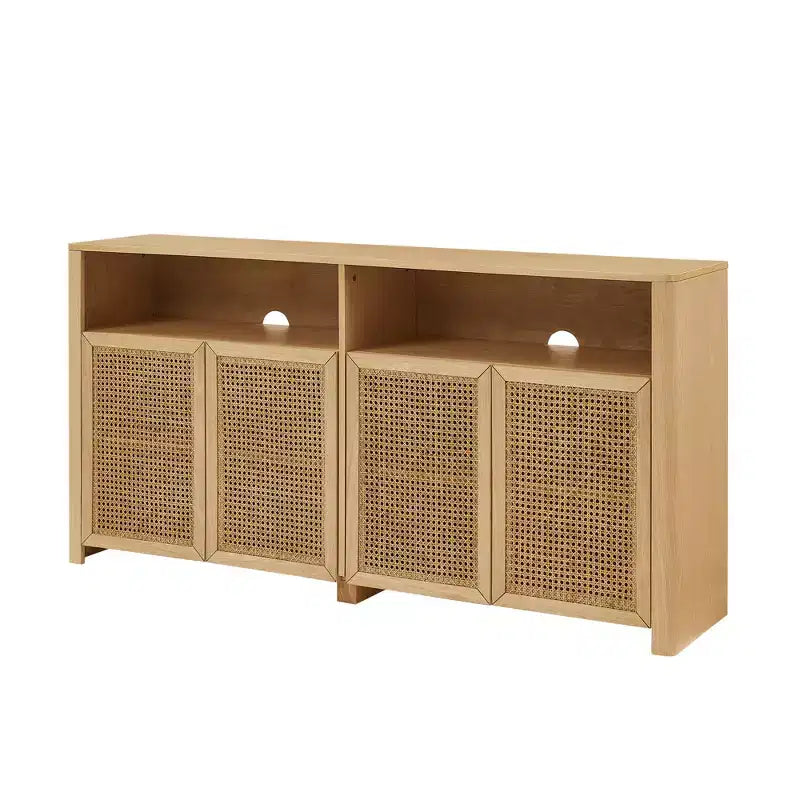 JVNOXK 63-inch Mid-Century Modern Rattan Sideboard with Storage, Natural-Toned Media Cabinet and Coffee Bar, for the Living Room