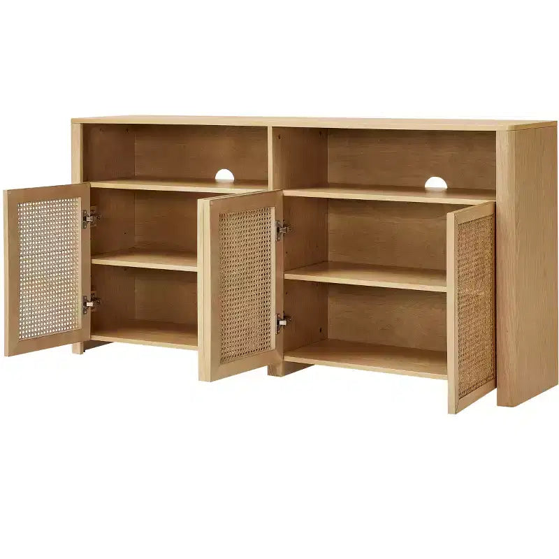 JVNOXK 63-inch Mid-Century Modern Rattan Sideboard with Storage, Natural-Toned Media Cabinet and Coffee Bar, for the Living Room