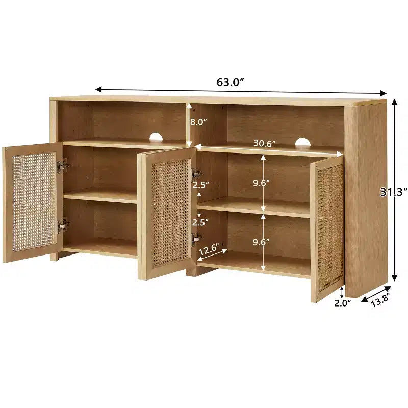 JVNOXK 63-inch Mid-Century Modern Rattan Sideboard with Storage, Natural-Toned Media Cabinet and Coffee Bar, for the Living Room