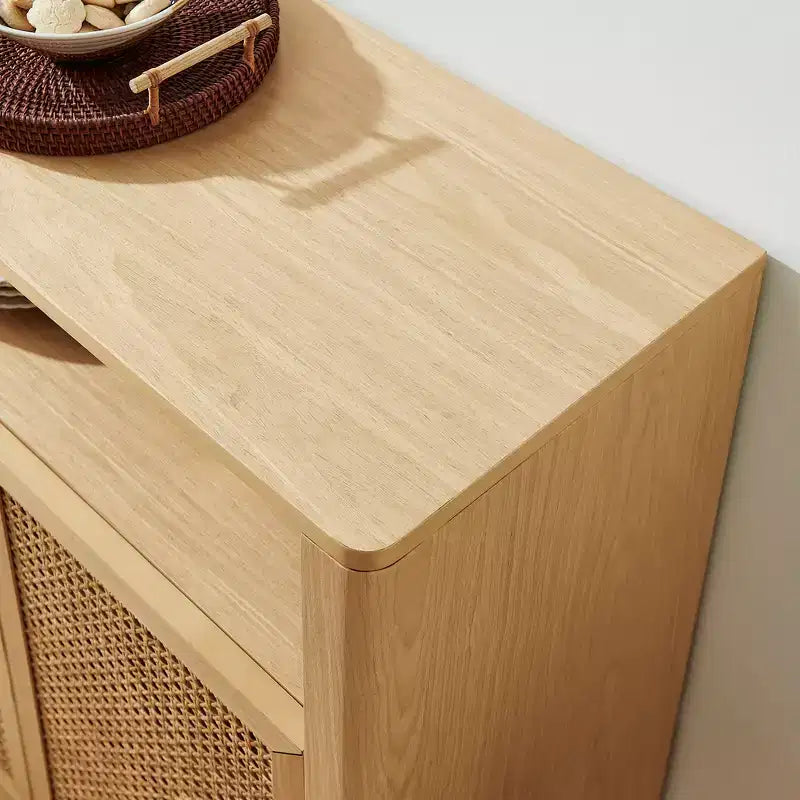 JVNOXK 63-inch Mid-Century Modern Rattan Sideboard with Storage, Natural-Toned Media Cabinet and Coffee Bar, for the Living Room