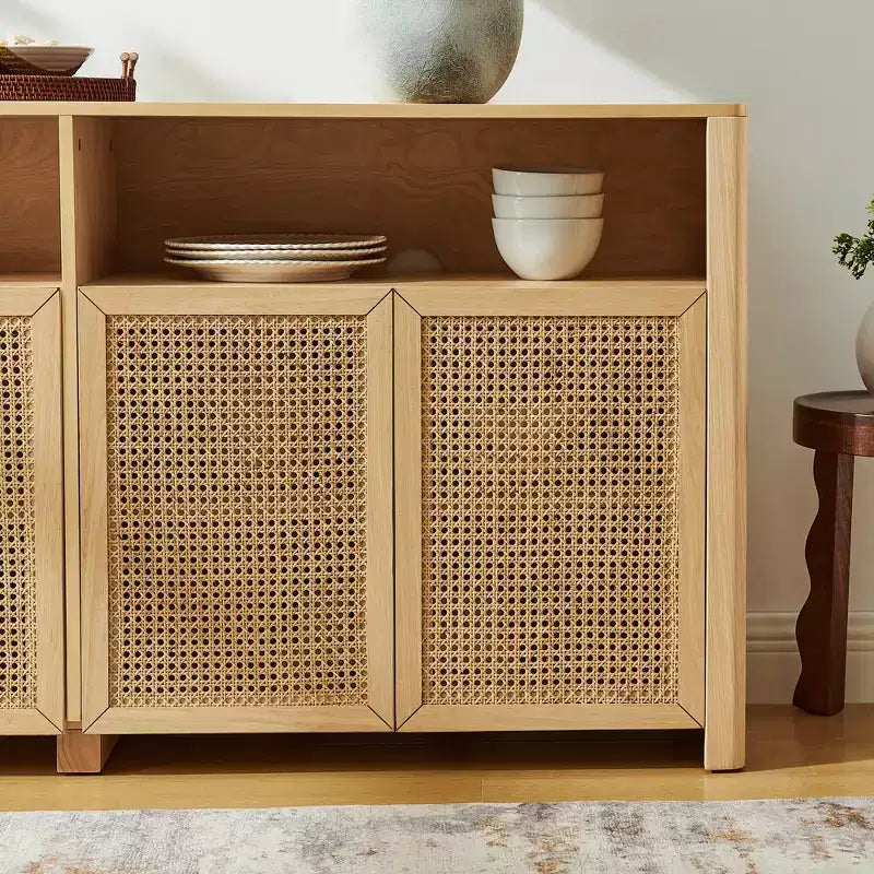 JVNOXK 63-inch Mid-Century Modern Rattan Sideboard with Storage, Natural-Toned Media Cabinet and Coffee Bar, for the Living Room