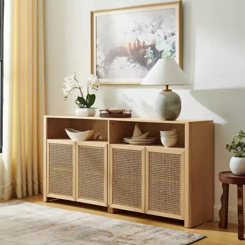 JVNOXK 63-inch Mid-Century Modern Rattan Sideboard with Storage, Natural-Toned Media Cabinet and Coffee Bar, for the Living Room