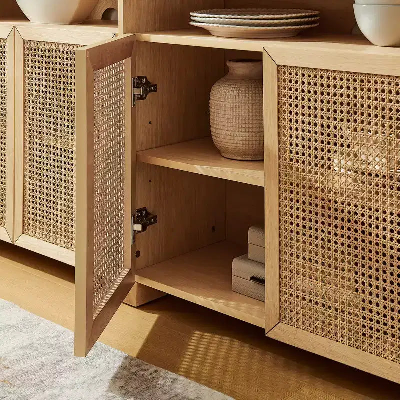 JVNOXK 63-inch Mid-Century Modern Rattan Sideboard with Storage, Natural-Toned Media Cabinet and Coffee Bar, for the Living Room
