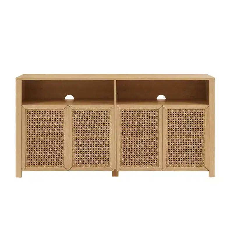 JVNOXK 63-inch Mid-Century Modern Rattan Sideboard with Storage, Natural-Toned Media Cabinet and Coffee Bar, for the Living Room