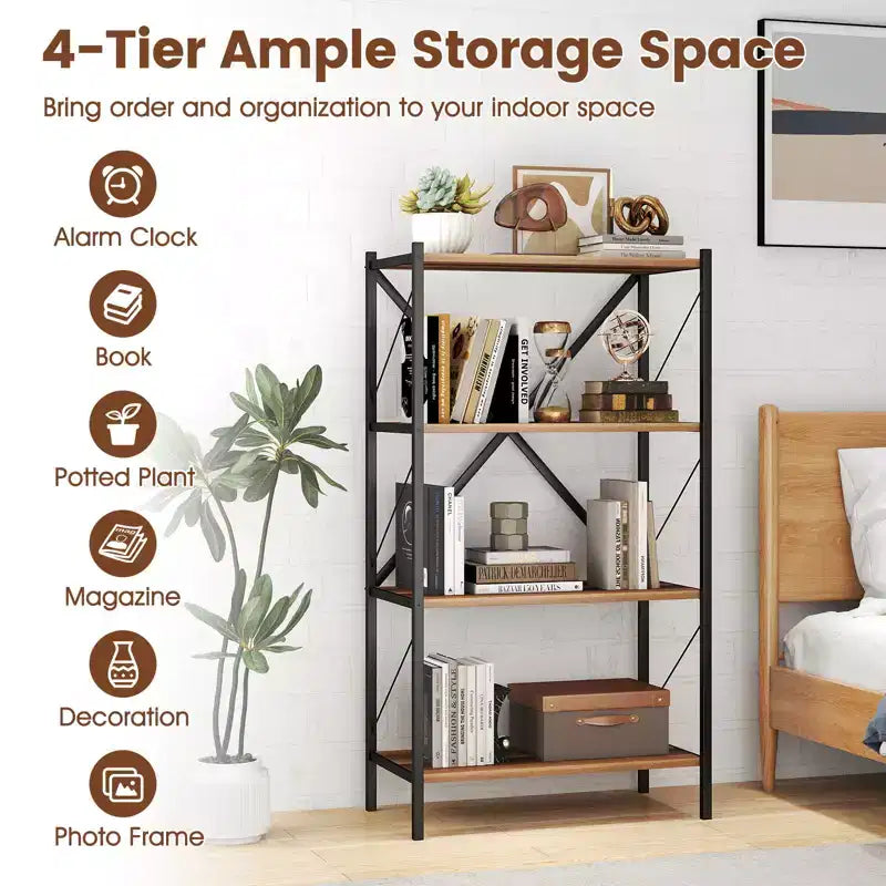 Costway 4-Tier Bookshelf Industrial Bookcase w/Heavy-Duty Metal Frame for Living Room