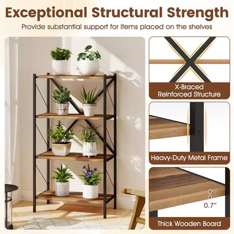 Costway 4-Tier Bookshelf Industrial Bookcase w/Heavy-Duty Metal Frame for Living Room