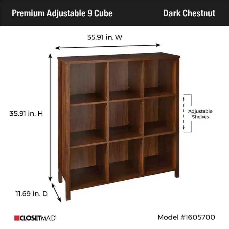 ClosetMaid Wooden Adjustable 9 Cube Organizer Bedroom Storage Cubicle Shelf Bookcase for Home Organization, Dark Chestnut