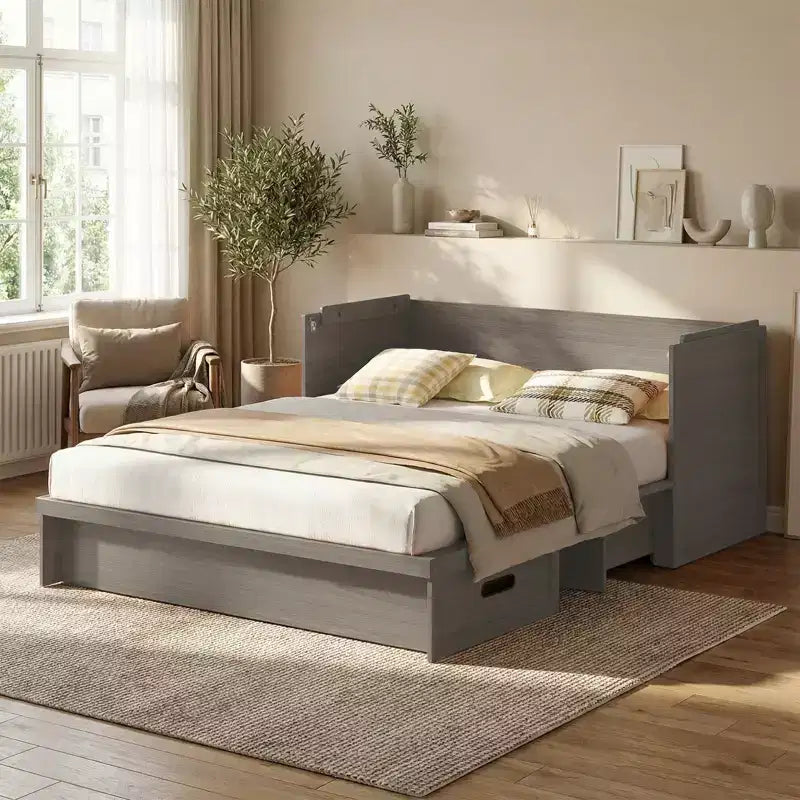 Mjkone Queen Size Convertible Murphy Cabinet Bed with Mattress, USB Charging, Storage Drawers